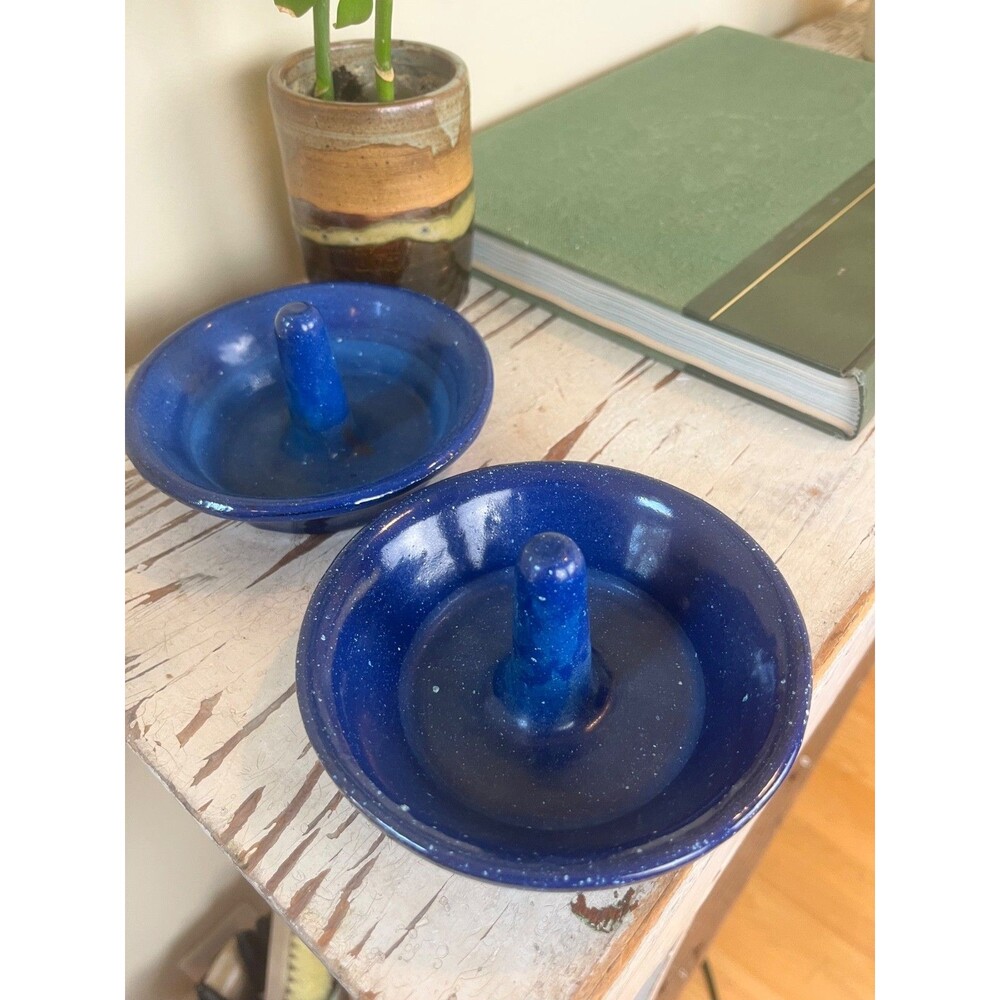 Vintage Cast Iron Blue Speckled Enamel Apple Schnitzel Bakers (Set Of 2) Country